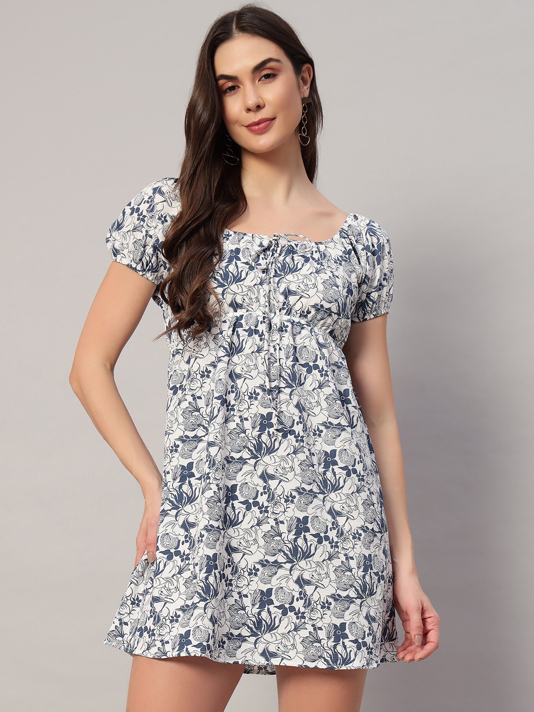 

ROCK AND ROLL Women Tie-Up Neck Puff Sleeve A-Line Mini Dress, White