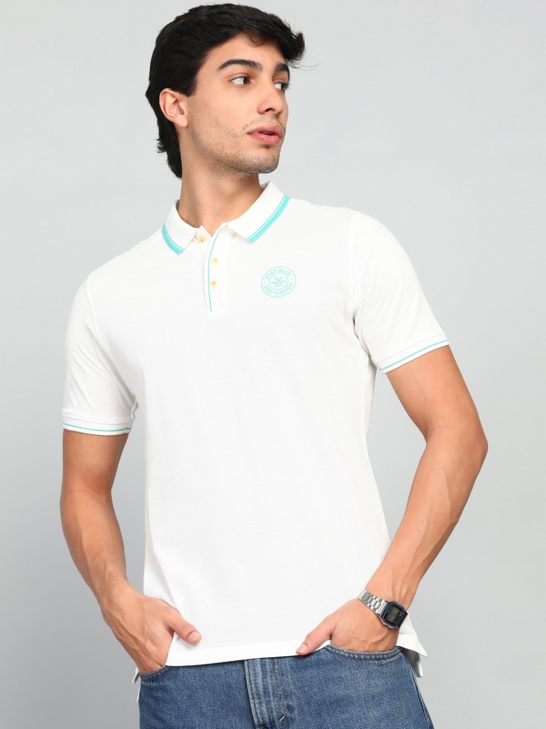 

WROGN Men Polo Collar Applique Slim Fit T-shirt, White