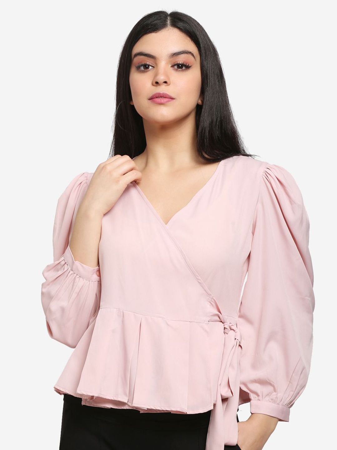 

all about you Women Puff Sleeve Waist Tie-Ups Wrap Top, Pink