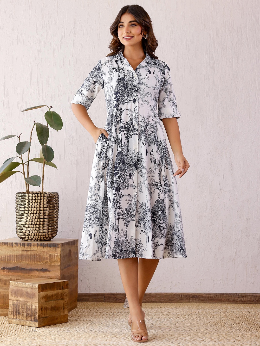

FLAVIA CREATION Women Tropical Printed Fit & Flare Cotton Dress, Black