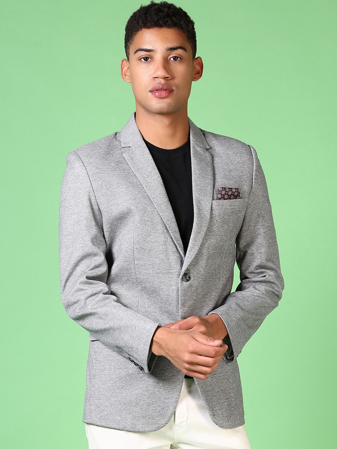 

V-Mart Cotton Notched Lapel Single Breasted Formal Blazer, Grey