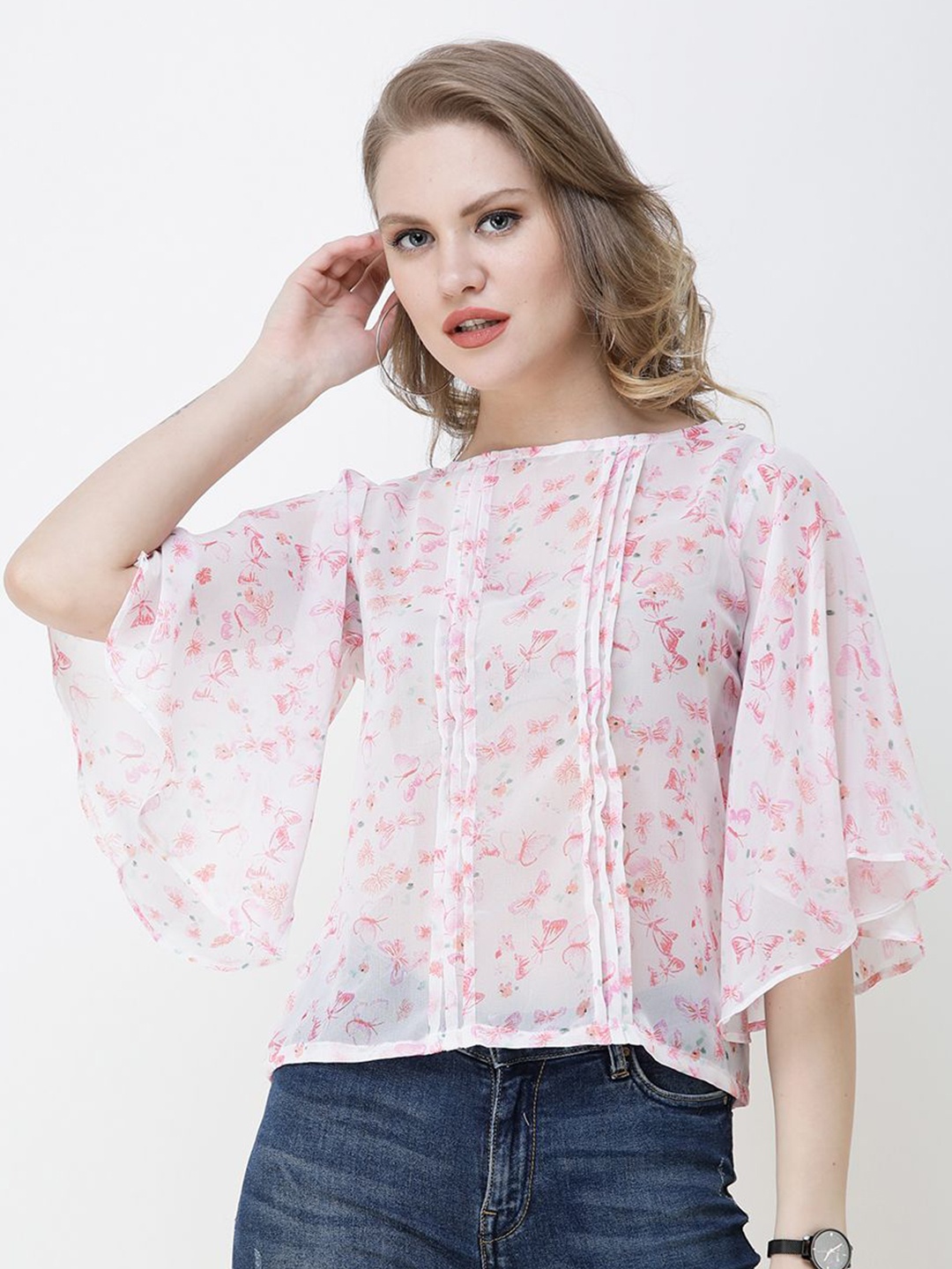 

BAESD Floral Print Flared Sleeve Georgette Boxy Top, White