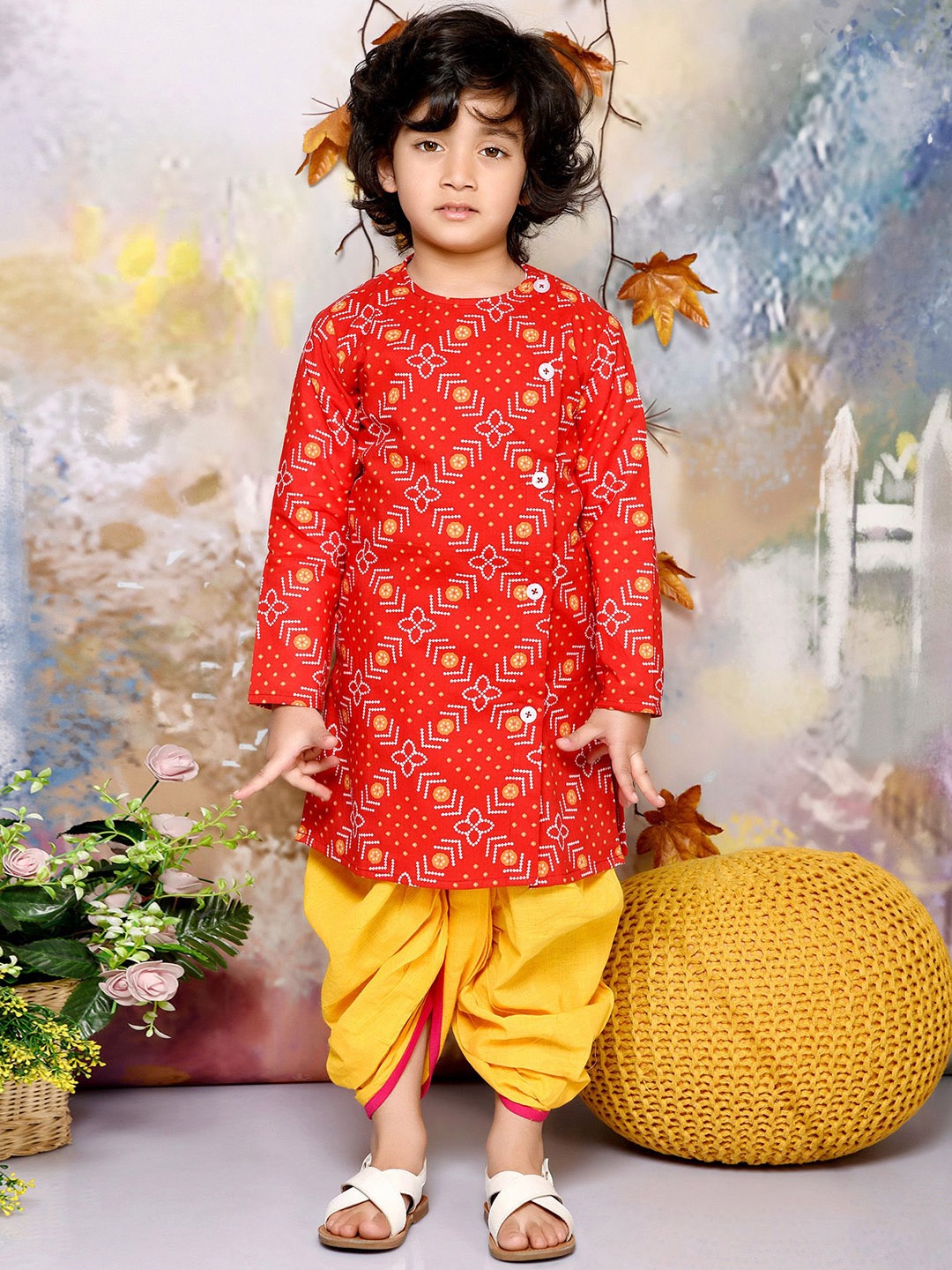 

MUDKID Boys Bandhani Printed Regular Pure Cotton Kurta with Dhoti Pants, Red