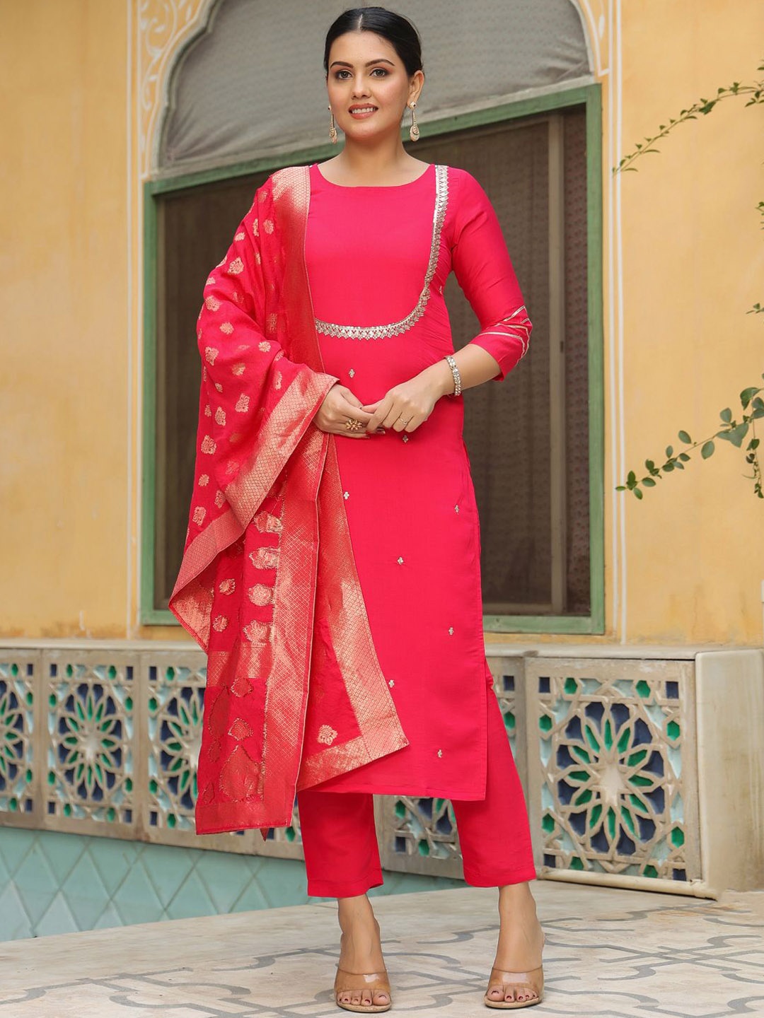 

KALINI Women Ethnic Motifs Embroidered Regular Kurta with Trousers & With Dupatta, Pink