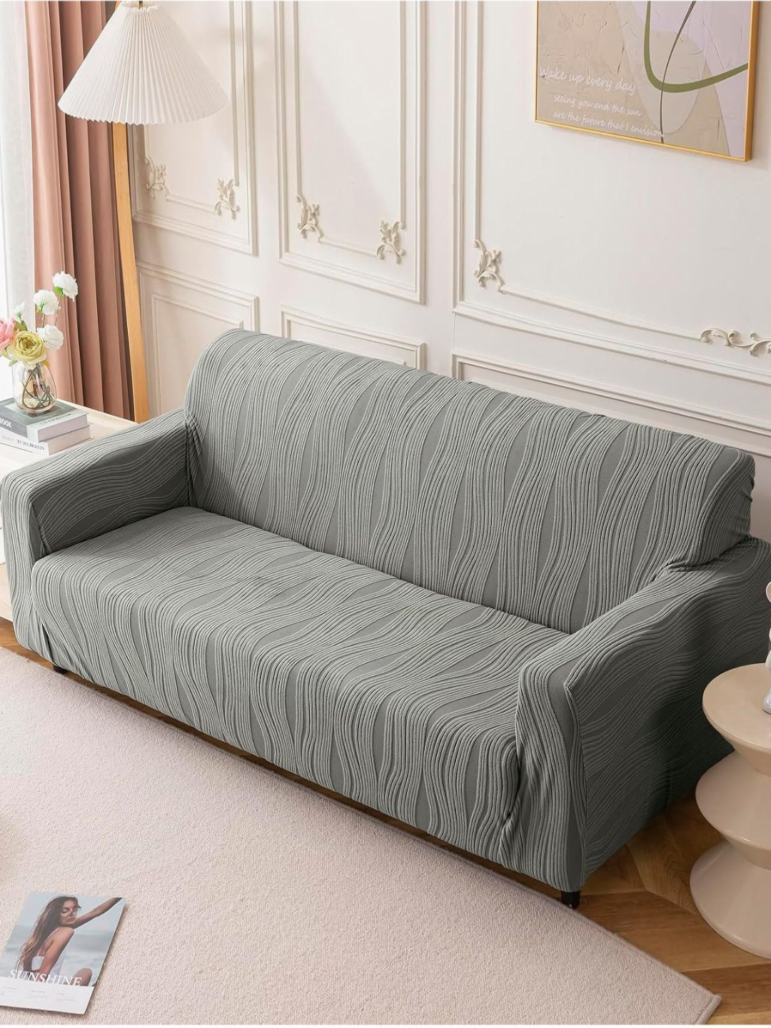 

House Of Quirk Four Seater Jacquard Waterproof Crizzle Pattern Fabric Sofa Cover, Grey