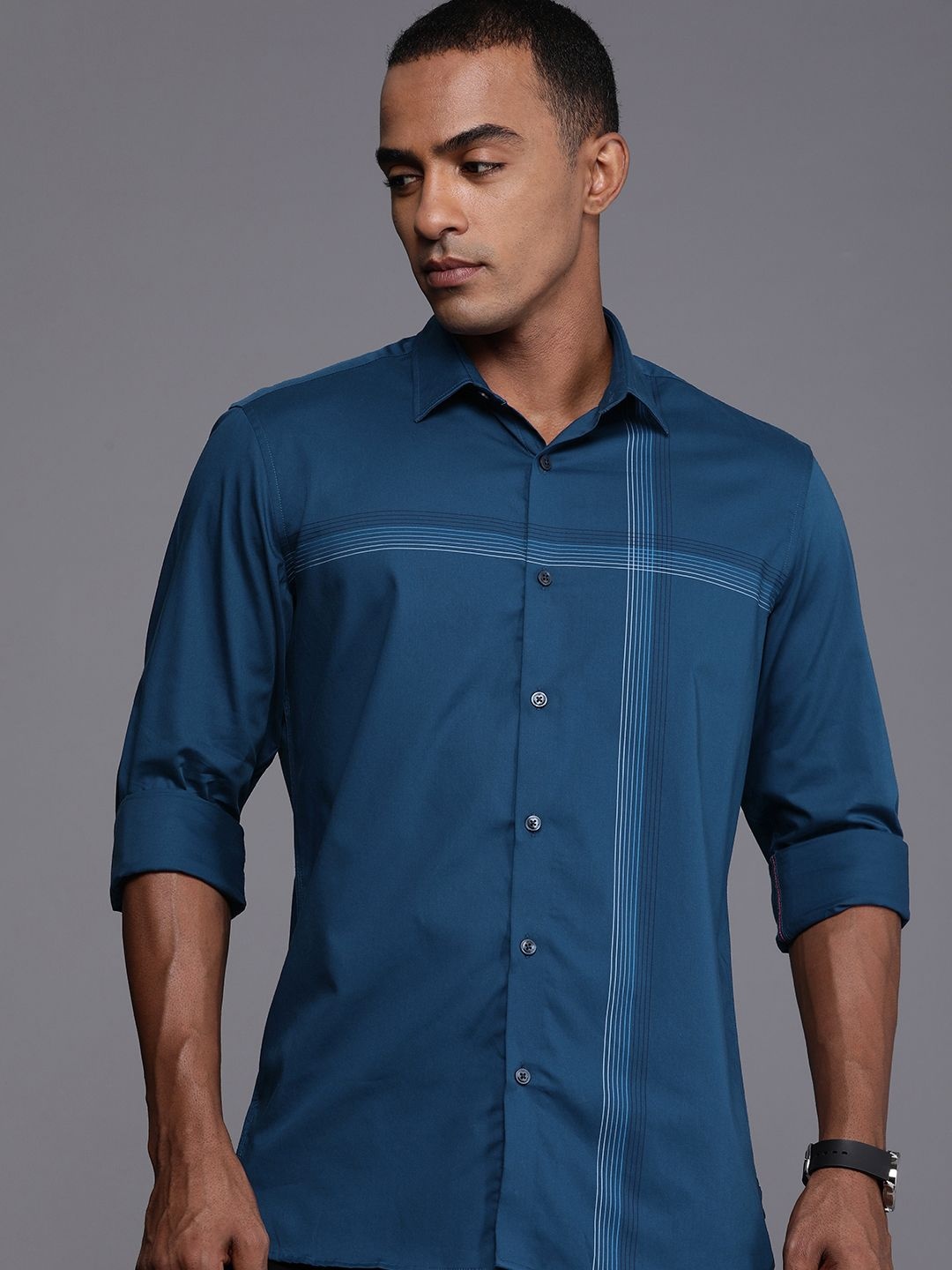 

Louis Philippe Sport Men Pure Cotton Slim Fit Striped Casual Shirt, Navy blue