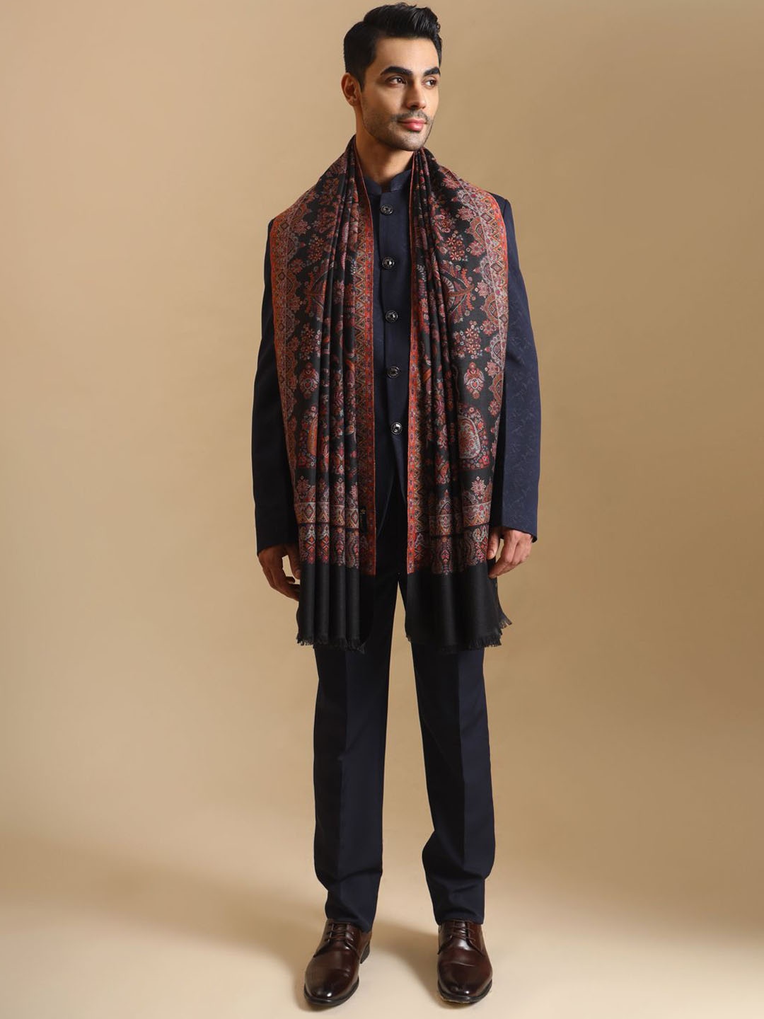 

Zamour Men Paisley Woven Design Shawl, Black