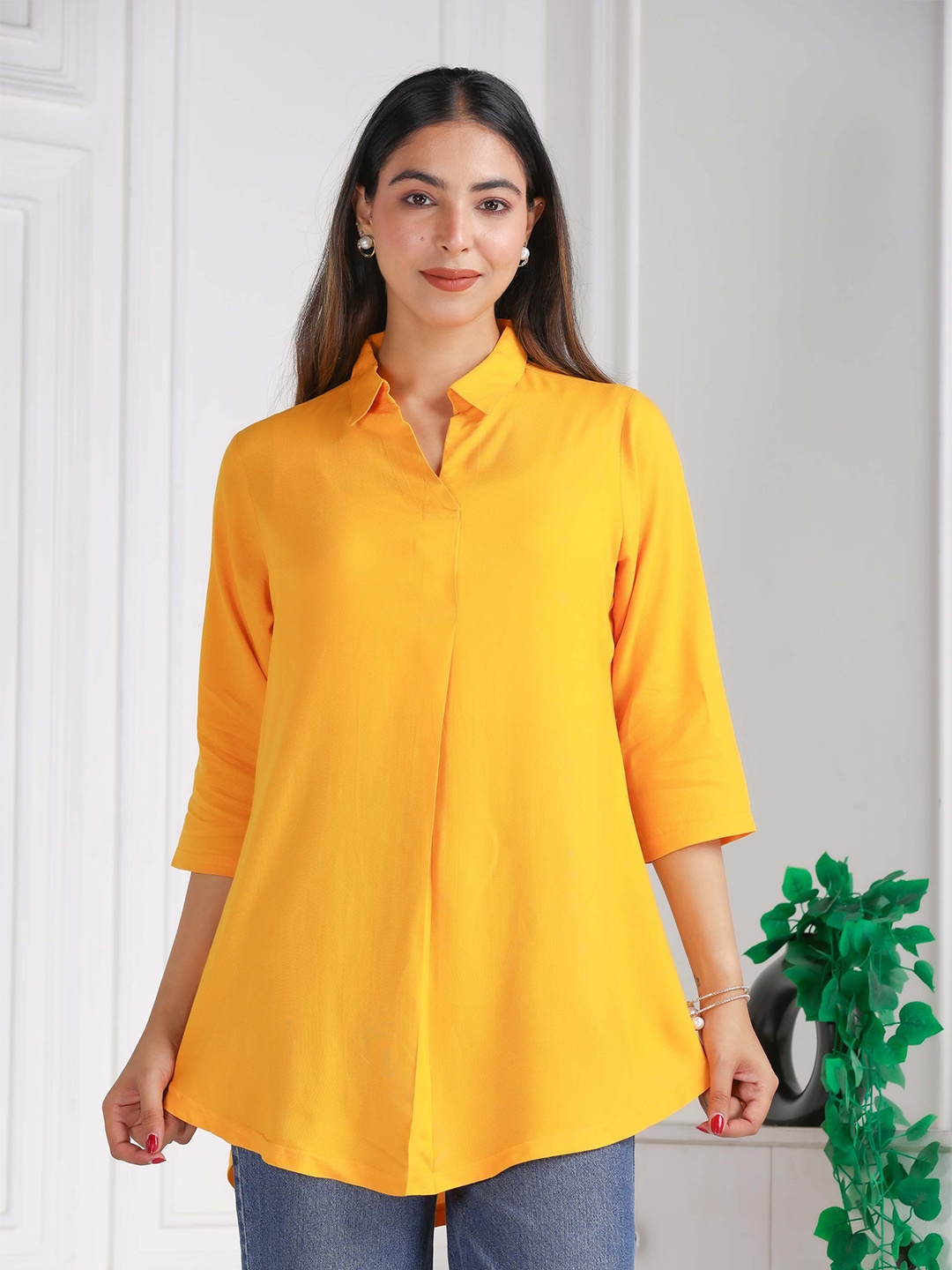 

Mlada Women Shirt Collar Style Rayon Flare Top, Mustard