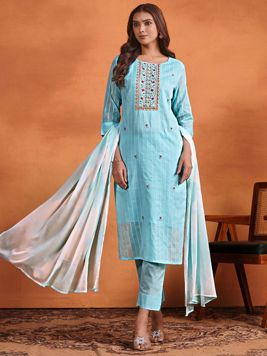 

Sangria Women Embroidered Chanderi Cotton Straight Kurta Pant With Dupatta Set, Blue