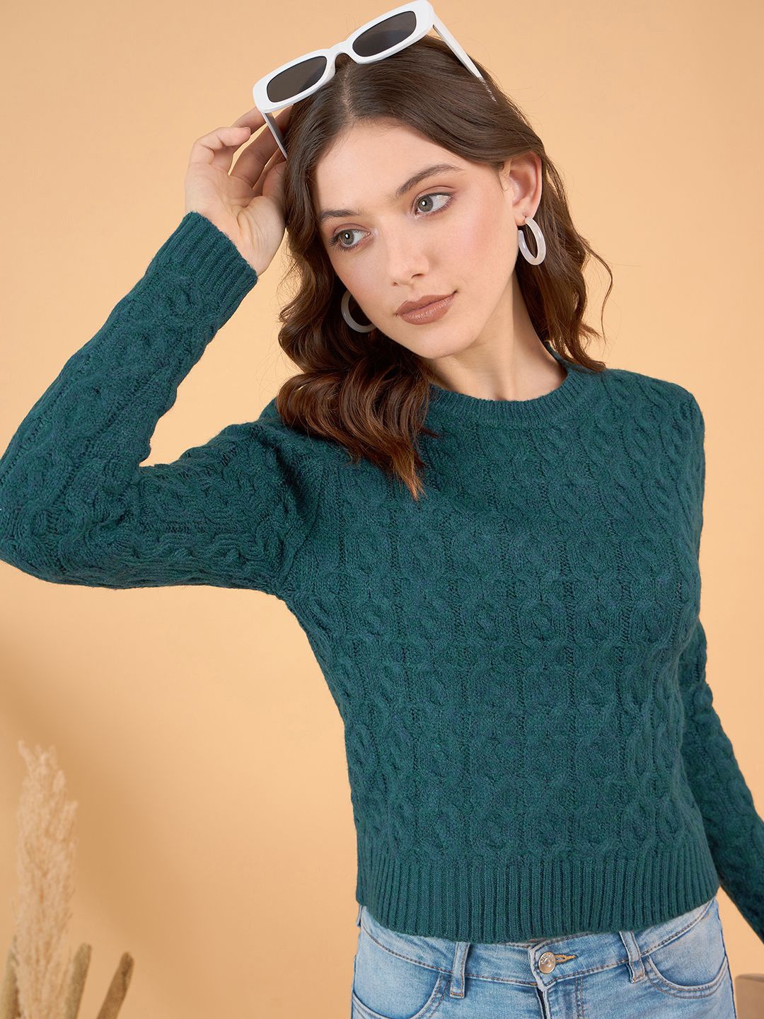 

STYLE BLUSH Women Self Design Cable Knit Pullover, Teal