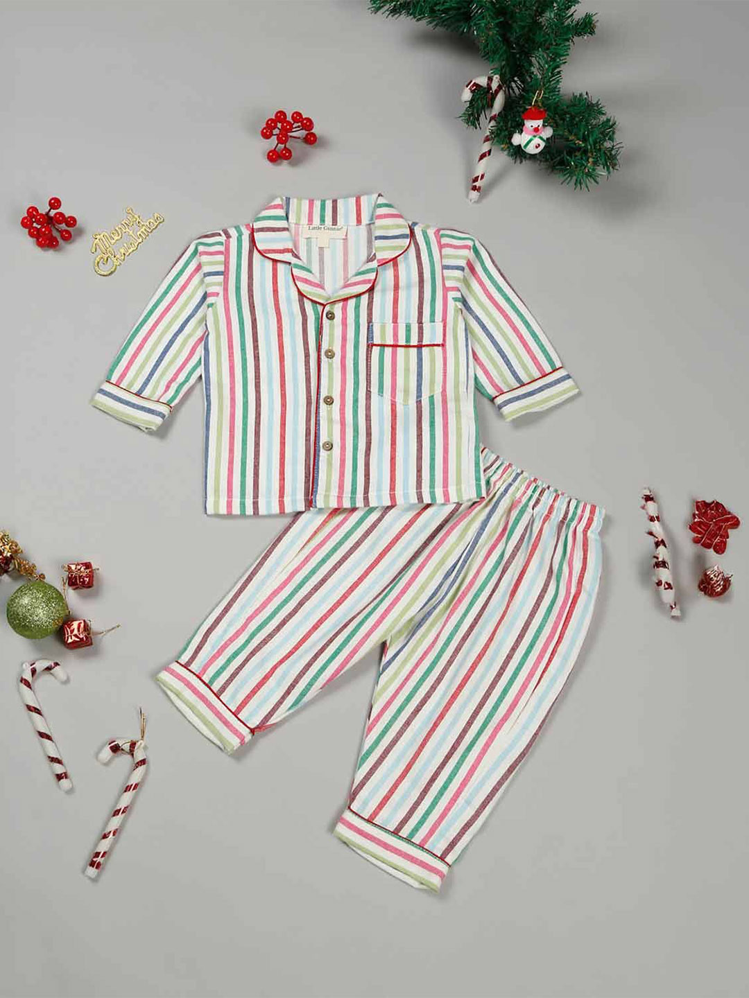 

LITTLE GINNIE Infants Striped Cotton Shirt With Trousers Night Suit, White