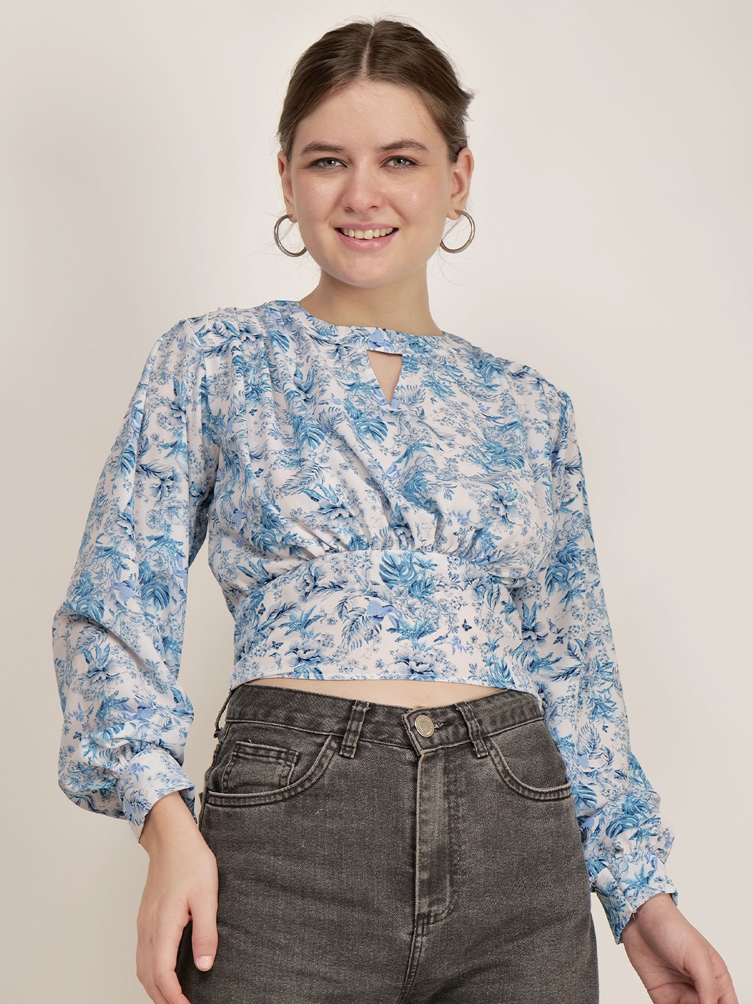 

AUDRAPE Floral Printed Puff Sleeve Blouson Crop Top, Blue