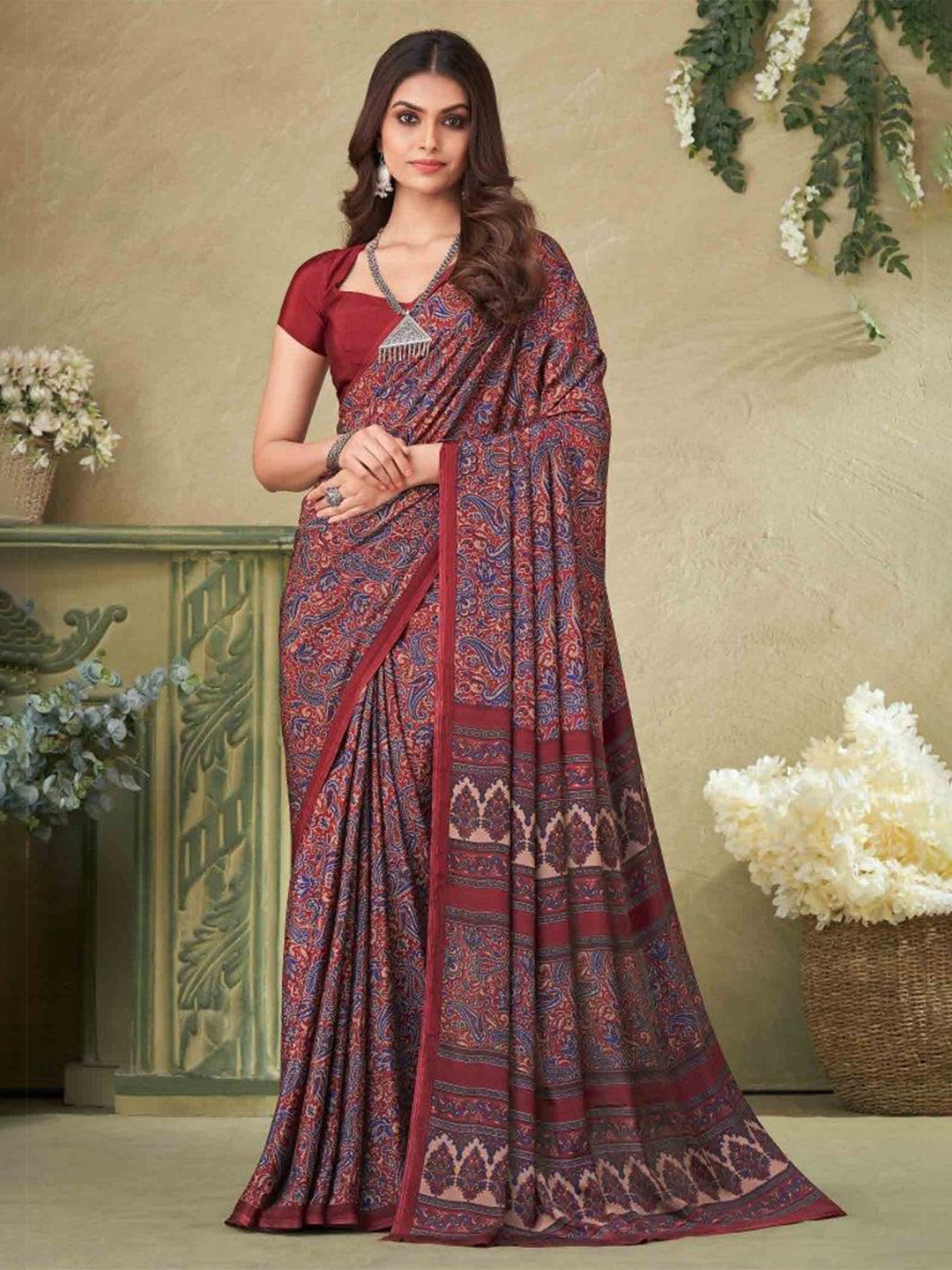 

Reboot Fashions Women Floral Print Saree With Blouse Piece, Red