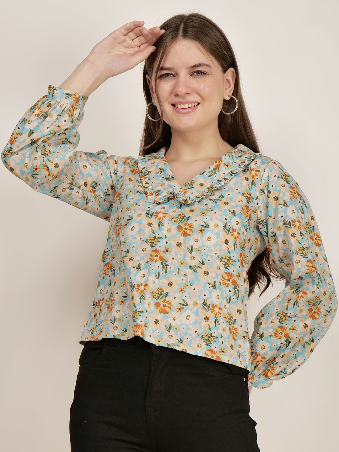 

AUDRAPE Women Floral Printed Cotton Top, Beige