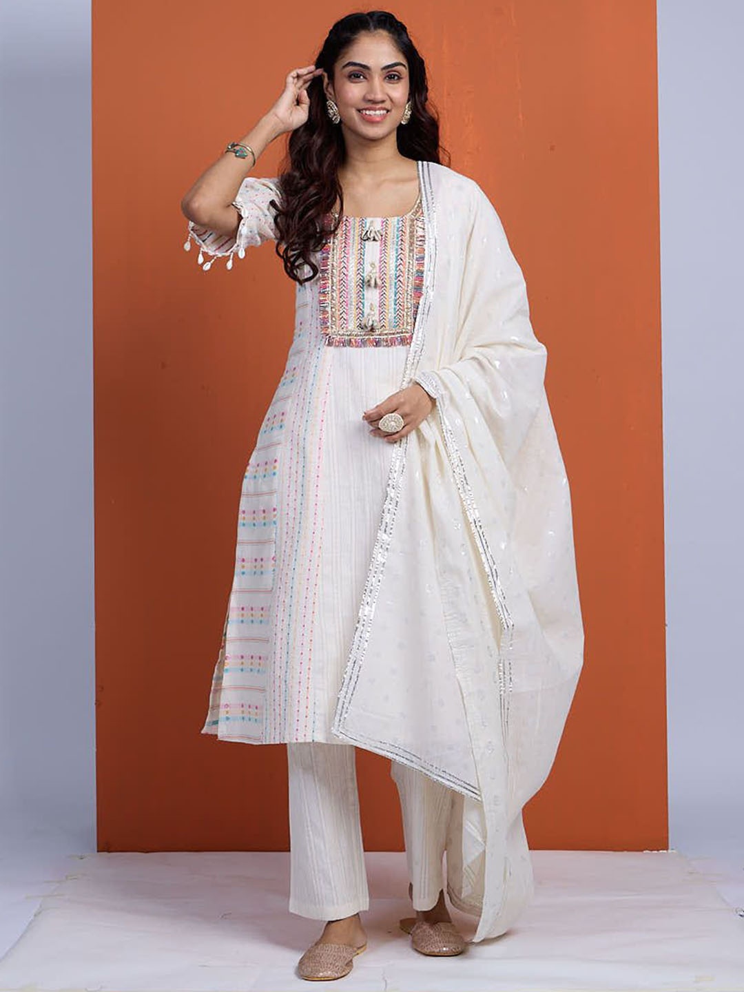 

Label Ishnya Women Regular Kurti with Palazzos & With Dupatta, Off white