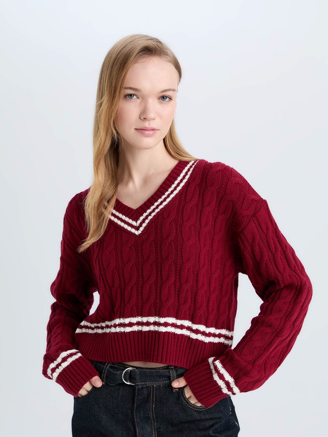 

DeFacto Women Cable Knit Pullover, Maroon