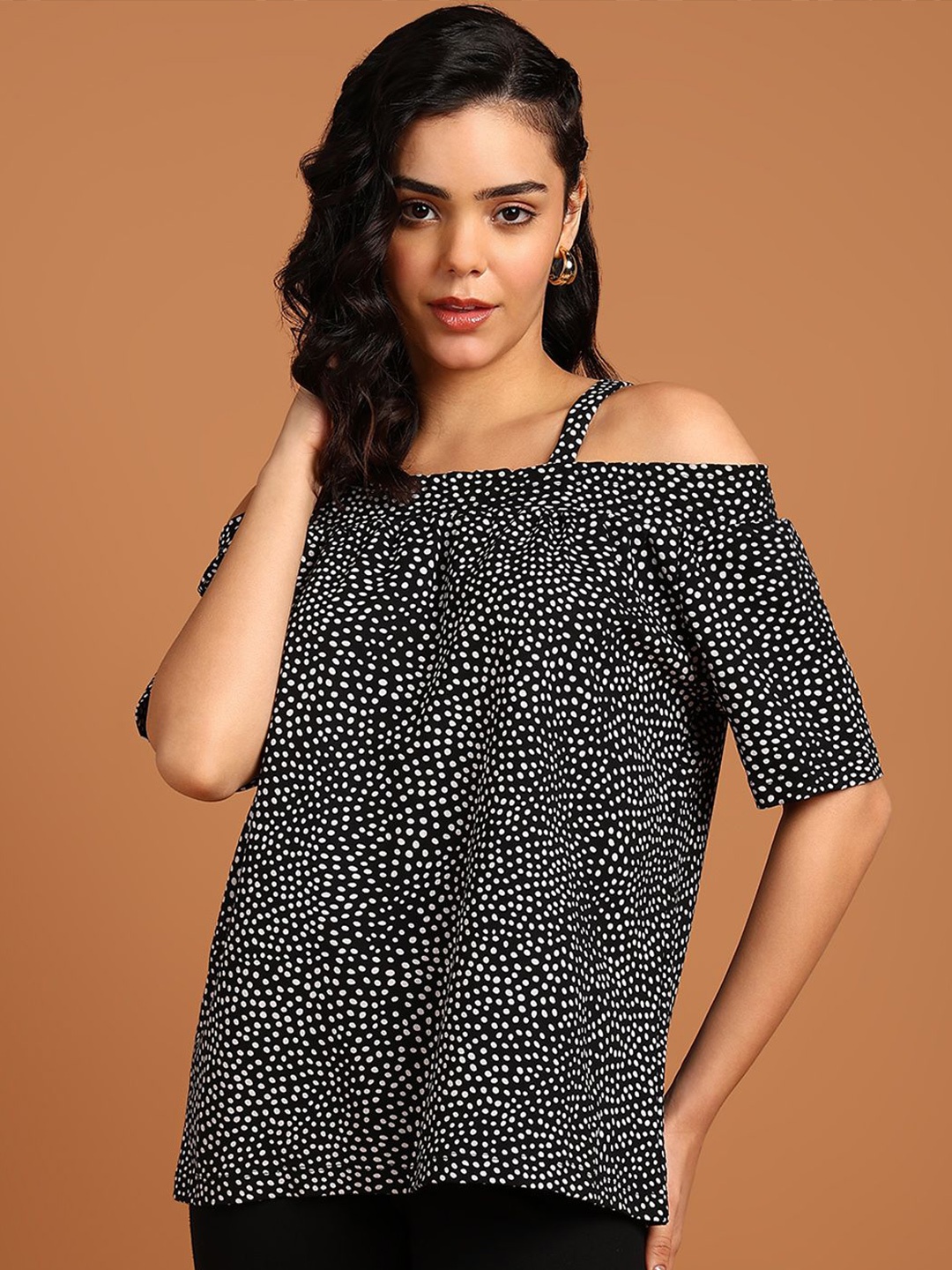 

SAFFE Women Polka Dot Printed Off-Shoulder A-Line Top, Black