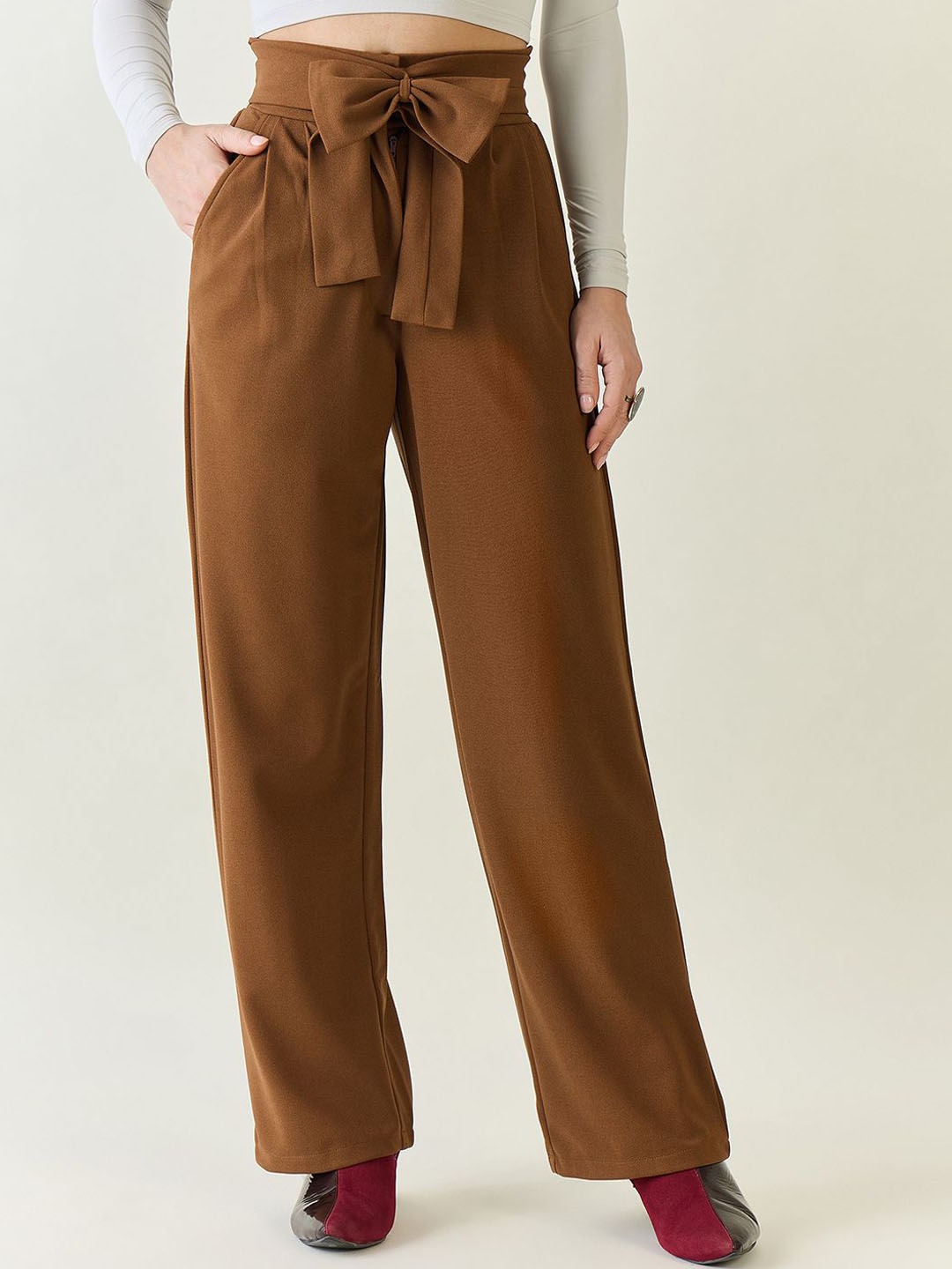 

aayu Women Relaxed High-Rise Pleated Trousers, Brown
