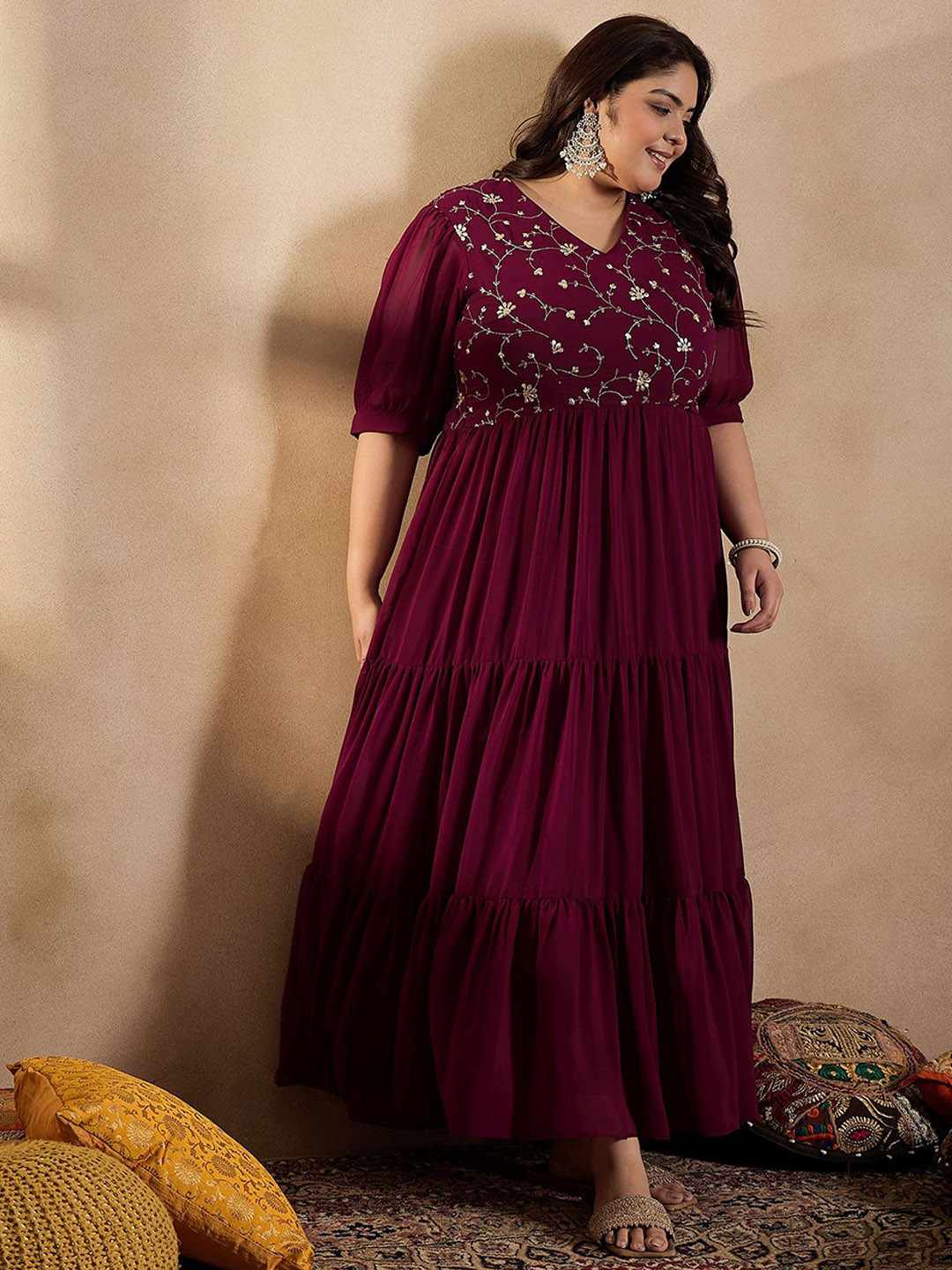 

INDDUS PLUS Embroidered Fit and Flare Maxi Ethnic Dresses, Purple