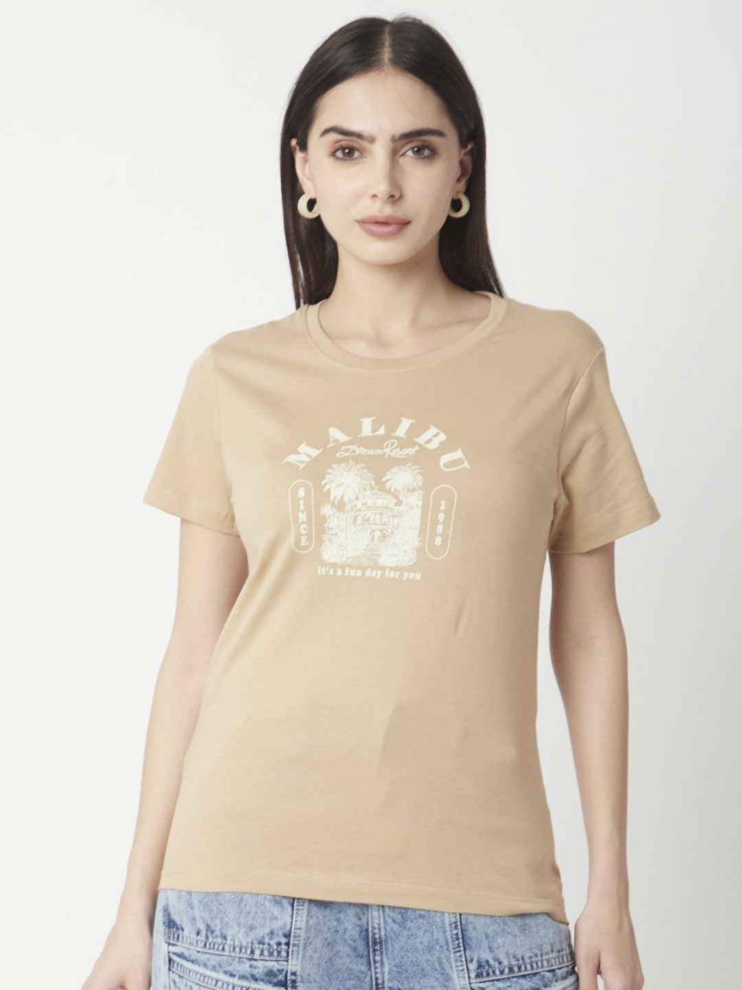 

R&B Women Floral Drop-Shoulder Sleeves Pockets T-shirt, Beige