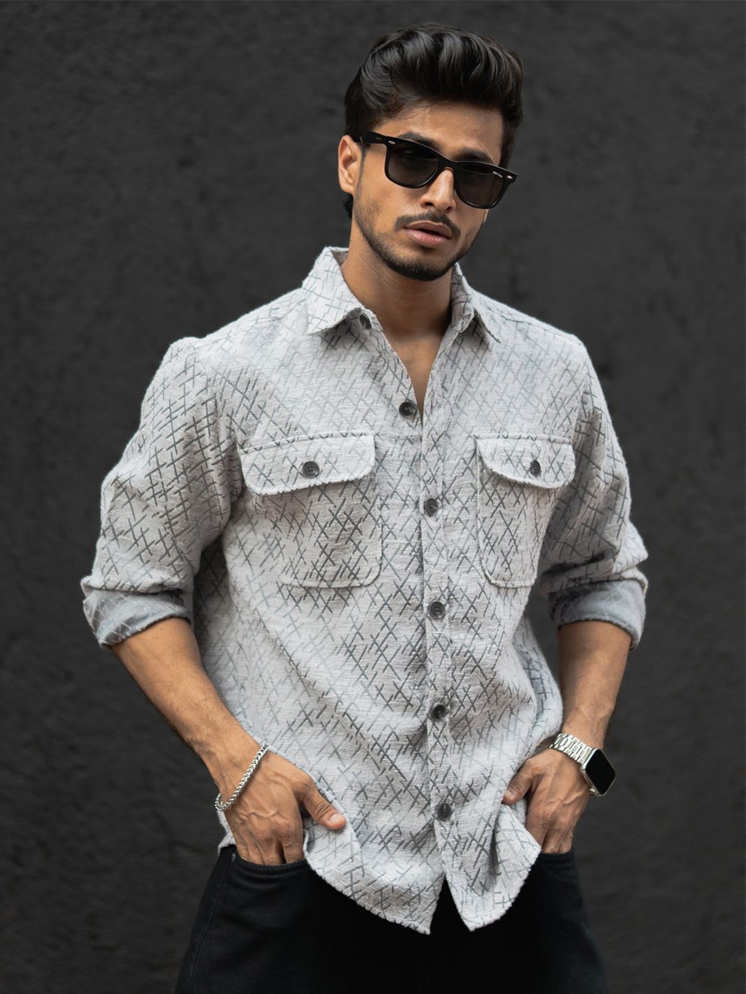 

Powerlook Men Opaque Printed Casual Shirt, Grey