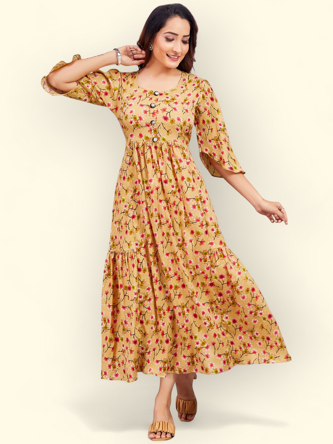 

PAMPER YOURSELF Floral Print Georgette Fit & Flare Maxi Dress, Beige
