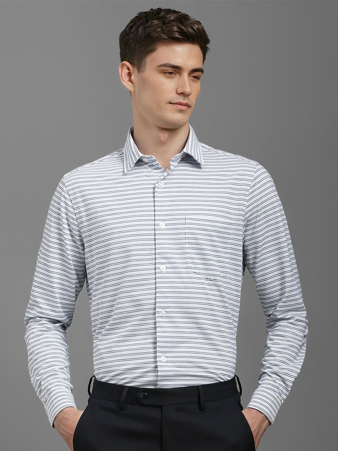 

Louis Philippe Men Slim Fit Horizontal Stripes Opaque Striped Formal Shirt, White