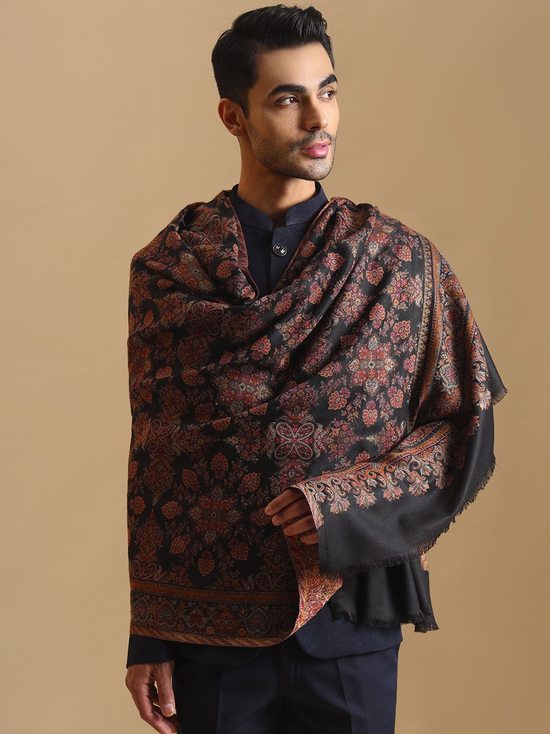 

Zamour Men Ethnic Motifs Woven Design Shawl, Black