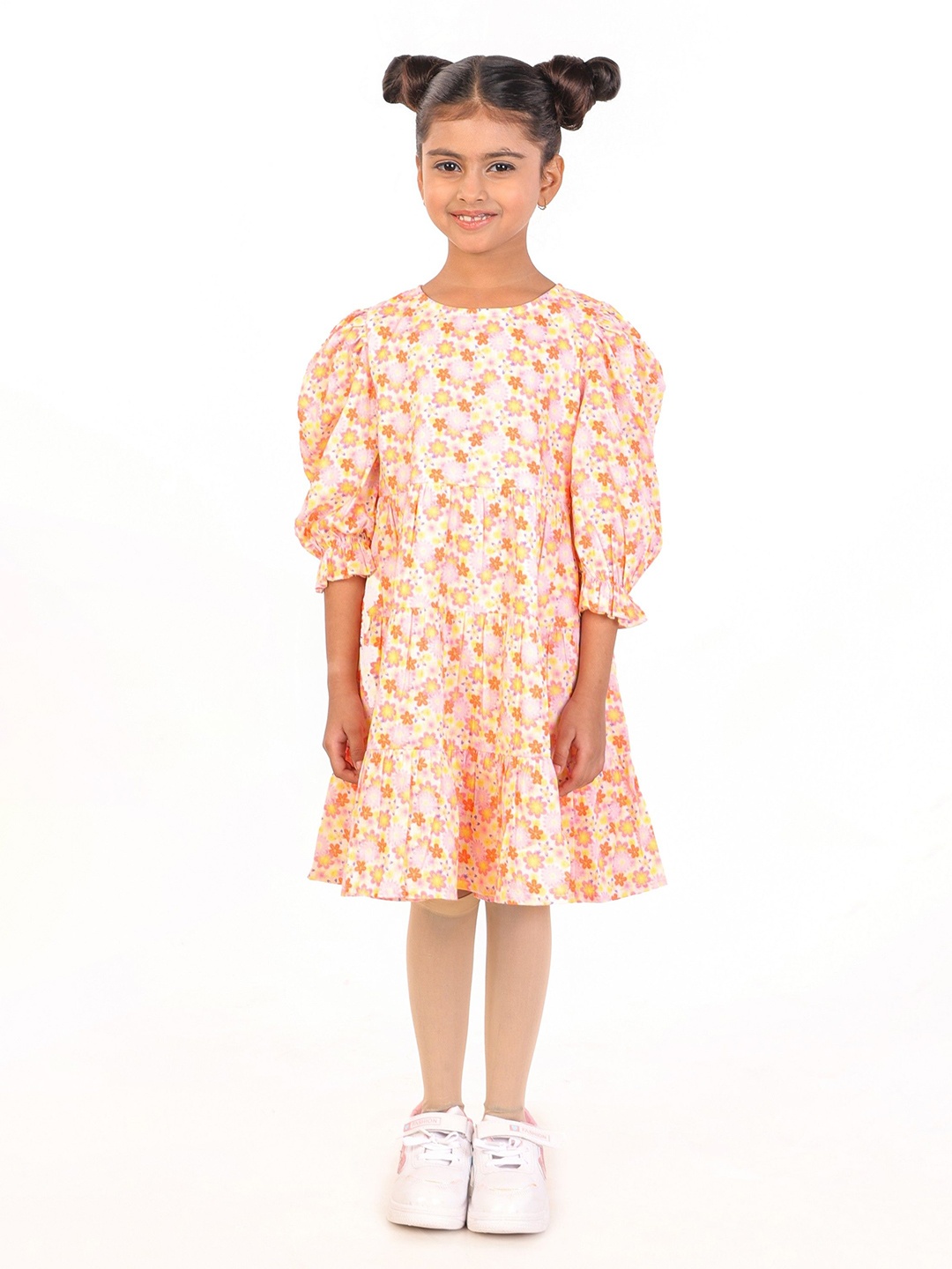 

Nature Nook Girls Floral Printed Puff Sleeve A-Line Dress, White