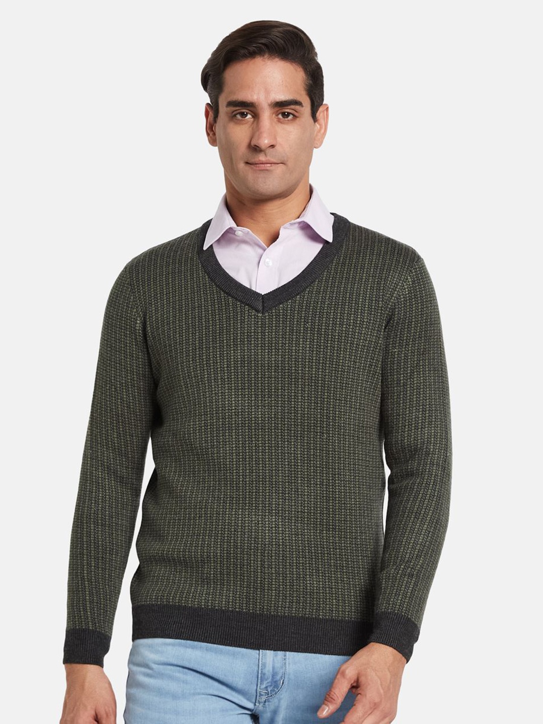 

METTLE Men Striped Pullover, Olive