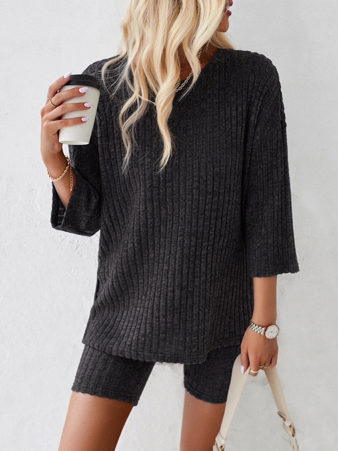 

Mast & Harbour Black Ribbed Three Quarter Sleeve Top And Shorts Co-Ords