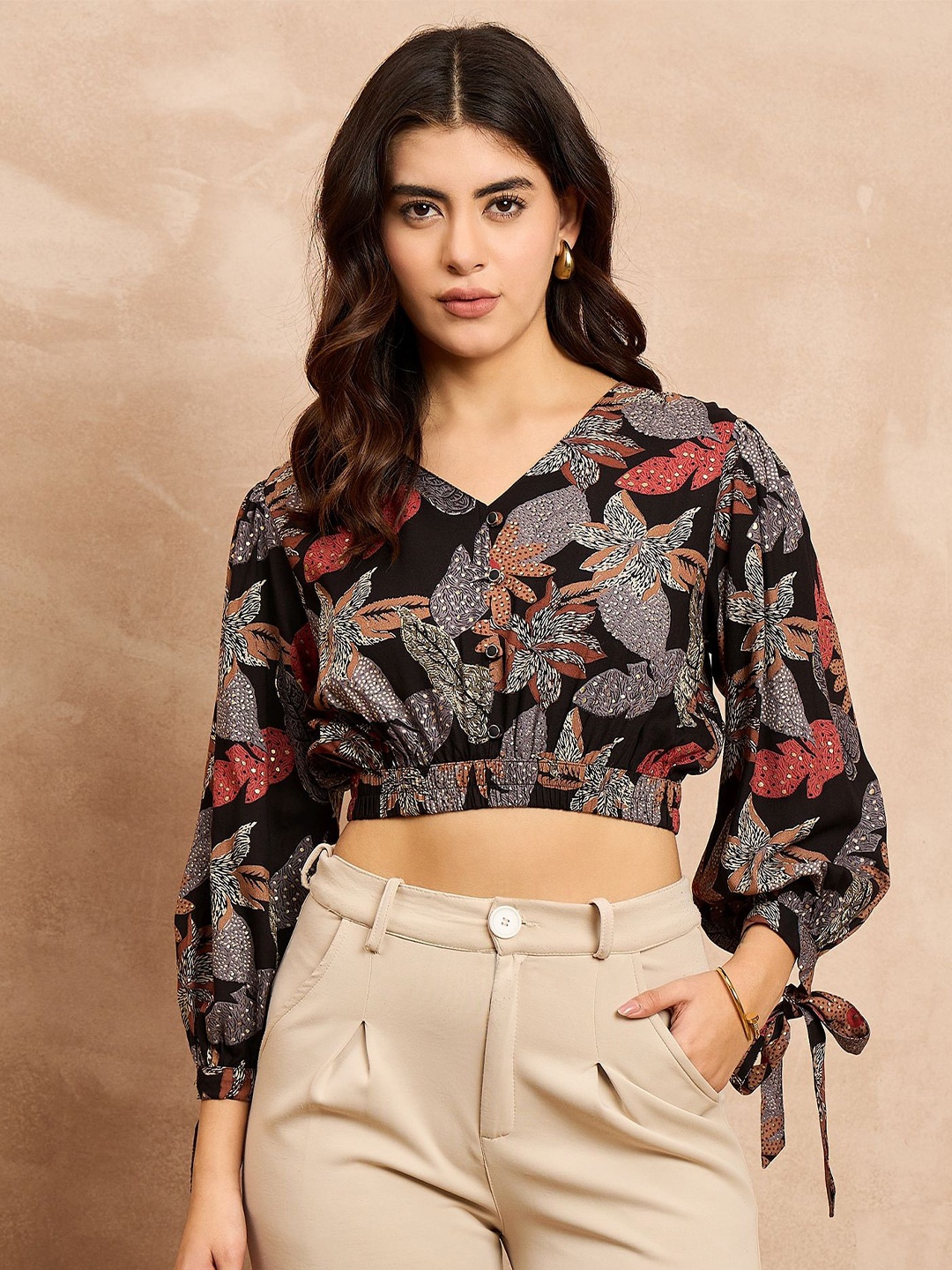 

all about you Women Floral Printed Cotton Crop Top, Black