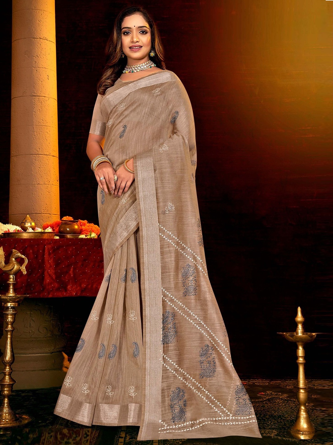 

MAHALASA Ethnic Motifs Embroidered Chanderi Saree, Beige