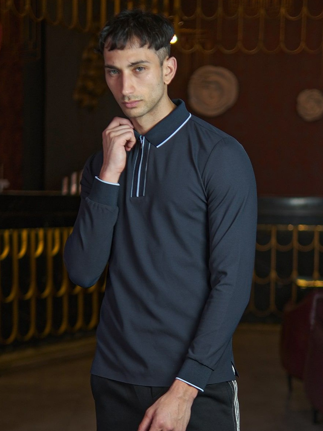 

ODETTE Men Polo Collar Raw Edge T-shirt, Navy blue