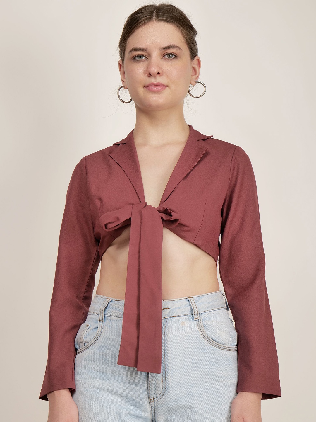 

AUDRAPE Women Lapel Collar Crop Top, Pink