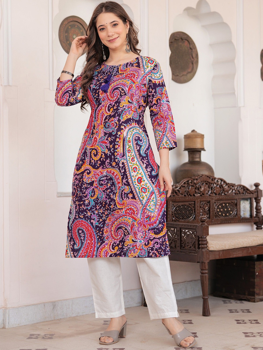

PHYSIL Women Floral Printed Regular Pure Cotton Kurta with Trousers, Purple