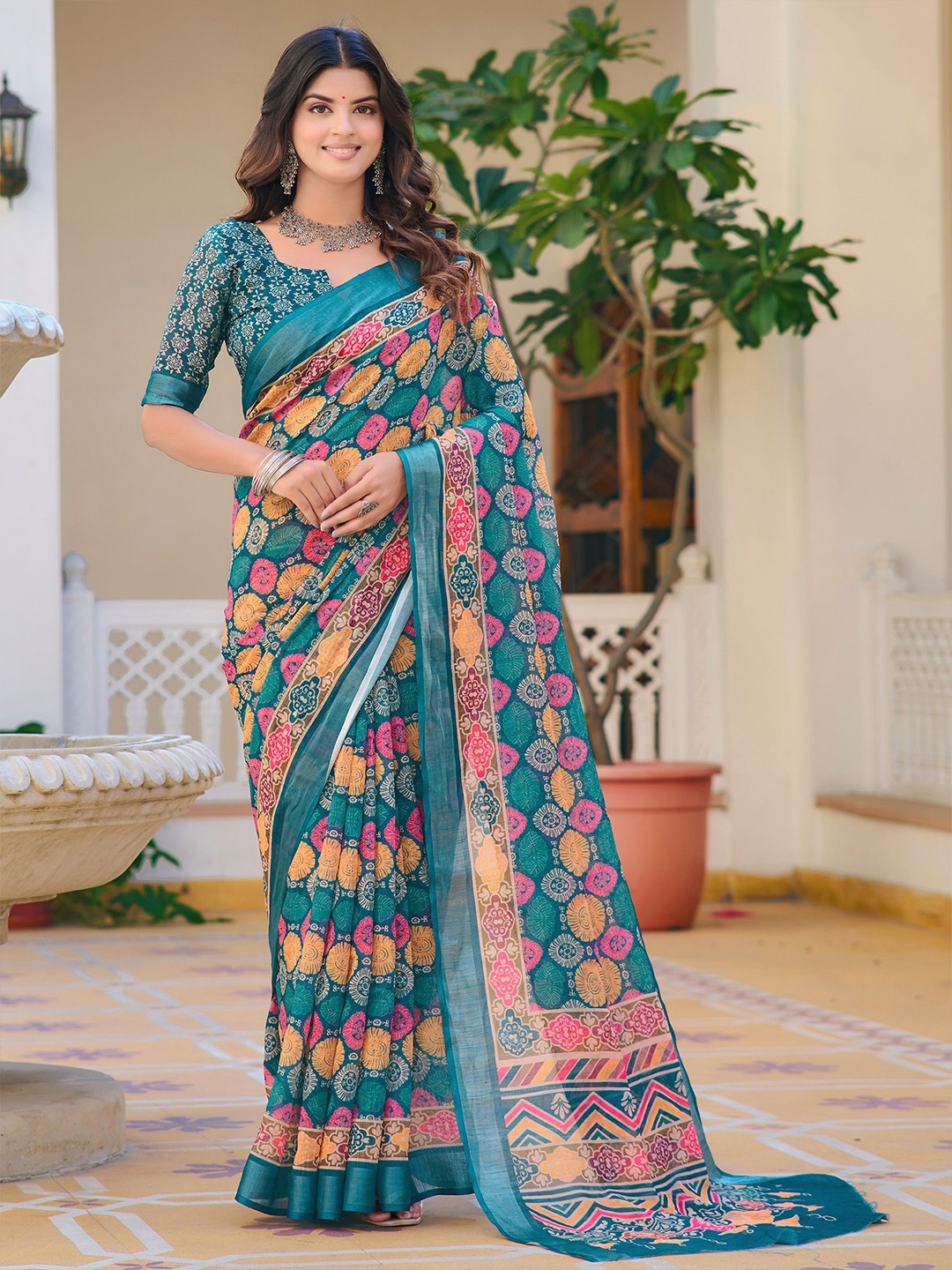 

Anouk Ethnic Motifs Printed Saree With Blouse Piece, Teal