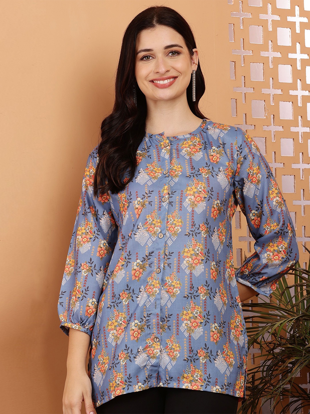 

RIG-TIE Women Floral Printed Shirt Style Top, Blue