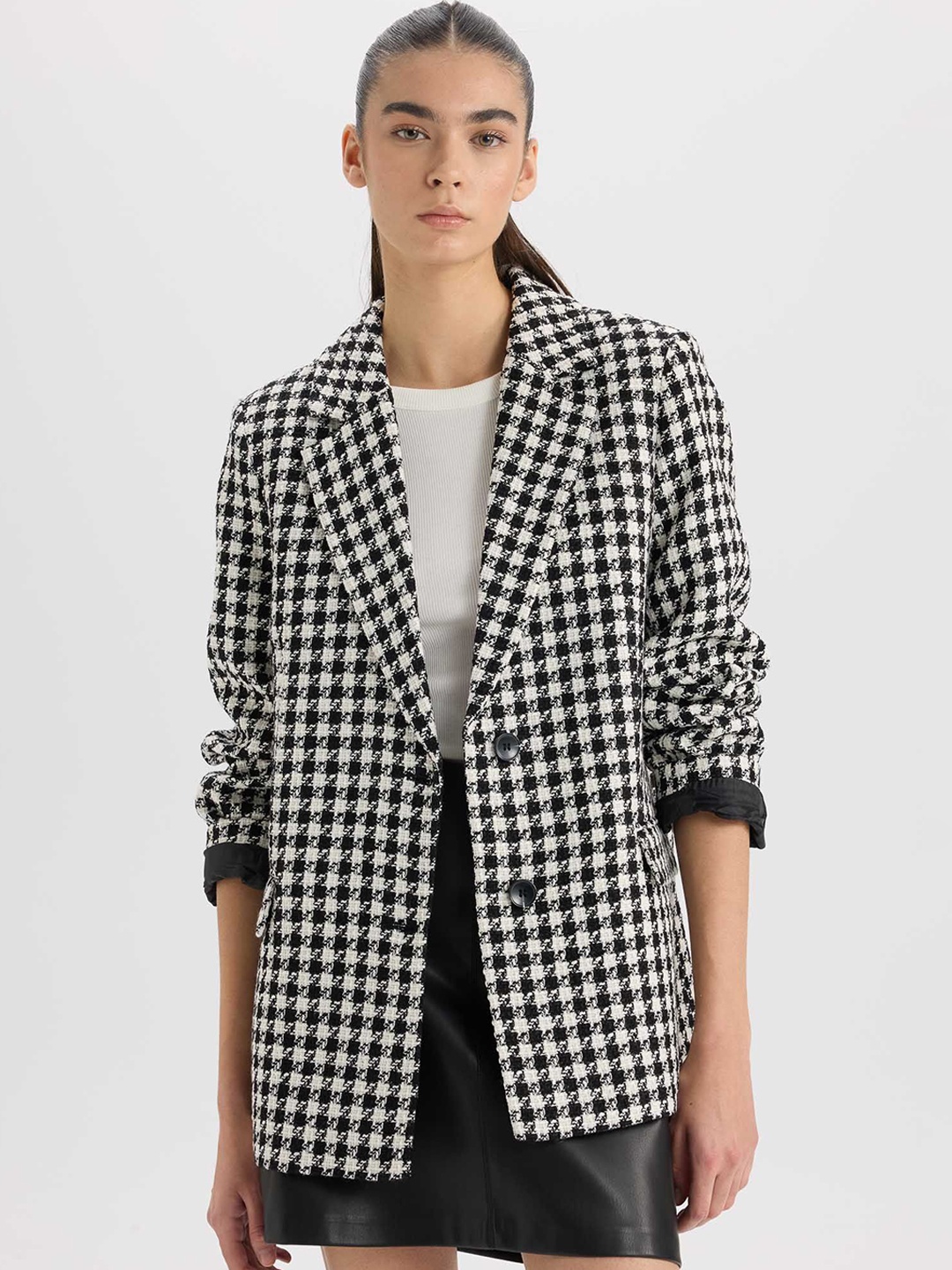 

DeFacto Checked Single-Breasted Notched Lapel Casual Blazer, White