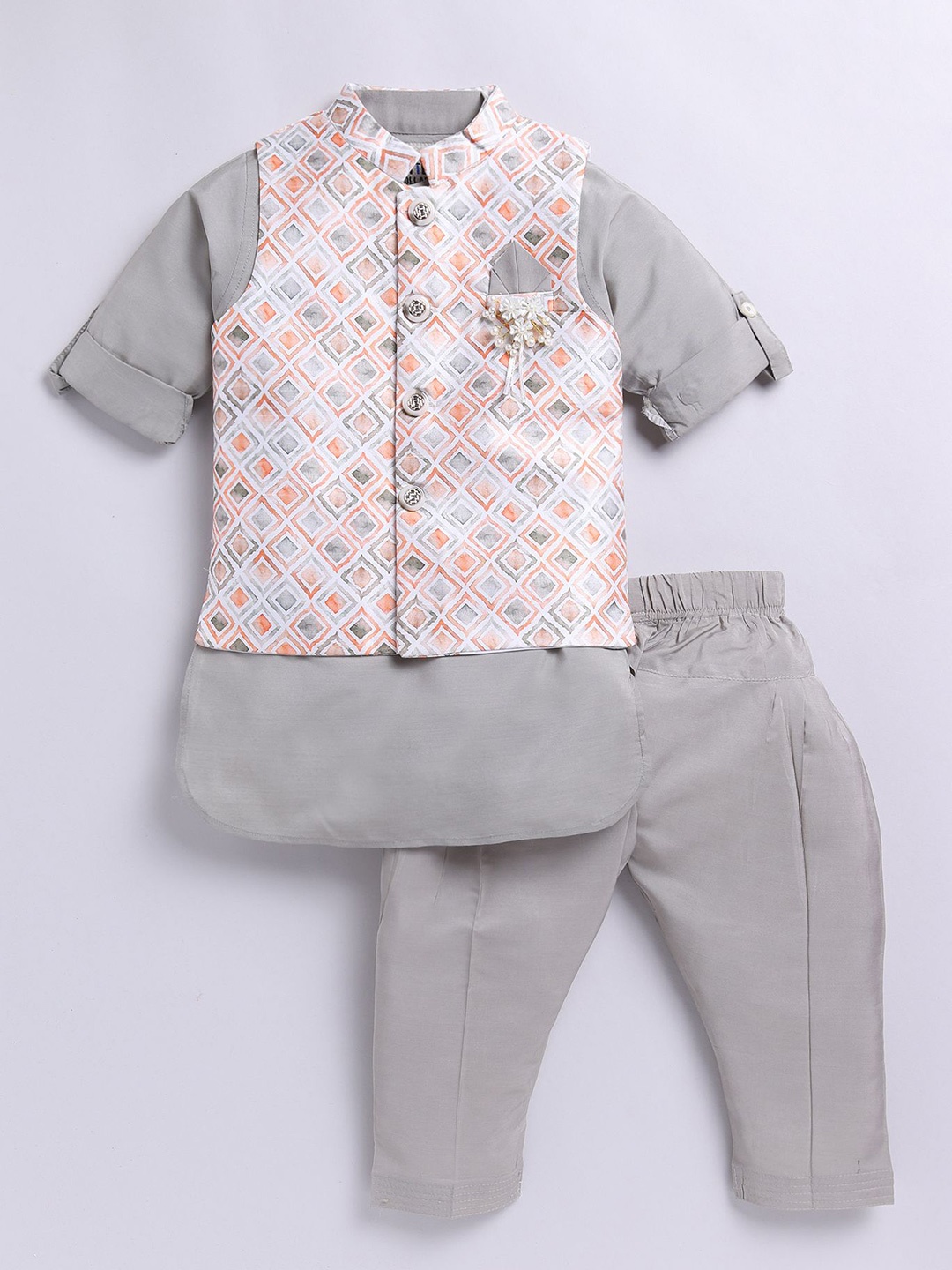 

LITTLE COLLARS Boys Regular Pure Silk Kurta With Pyjamas & Jacket, Grey