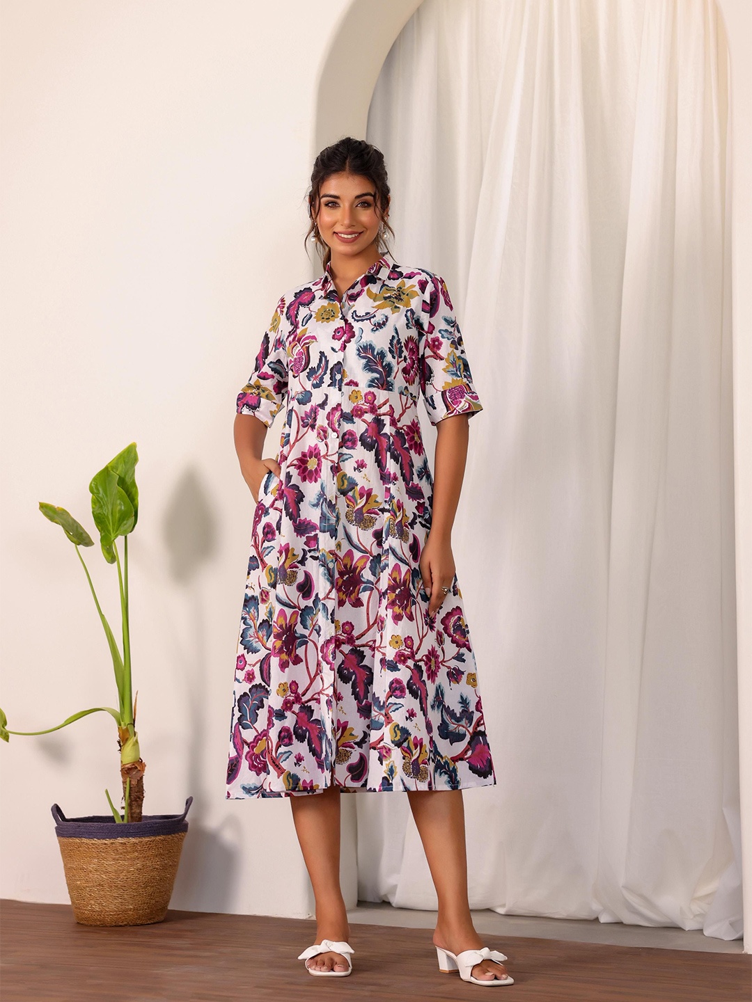 

FLAVIA CREATION Women Cotton Floral Printed A-Line Midi Dress, White