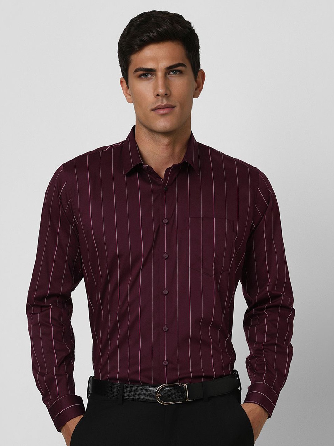 

Van Heusen Men Slim Fit Opaque Striped Formal Shirt, Maroon