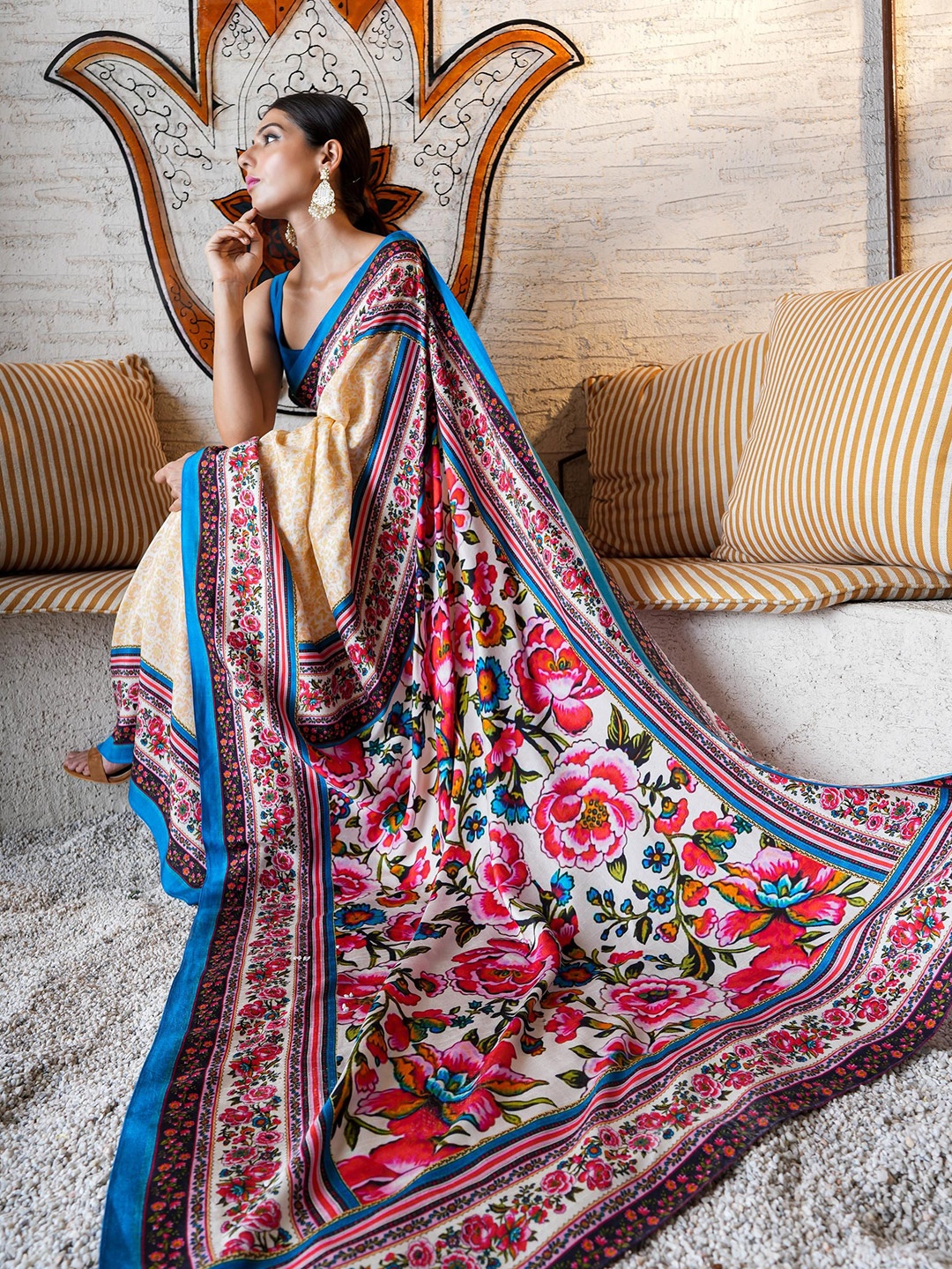 

House of Deepthi Floral Printed Saree, Cream