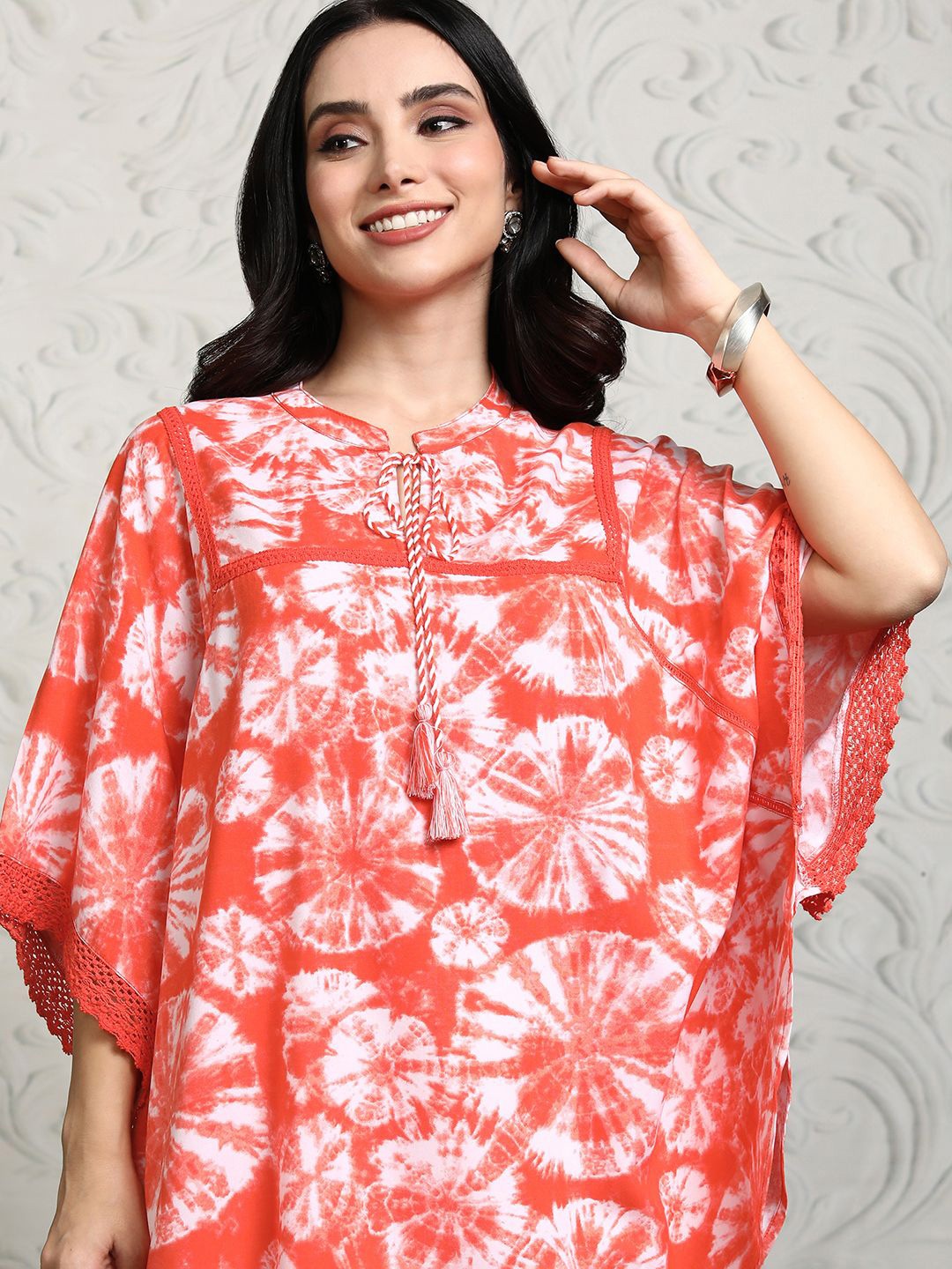 

Vishudh Women Dyed Mandarin Collar Kimono Sleeves Kaftan Top, Coral