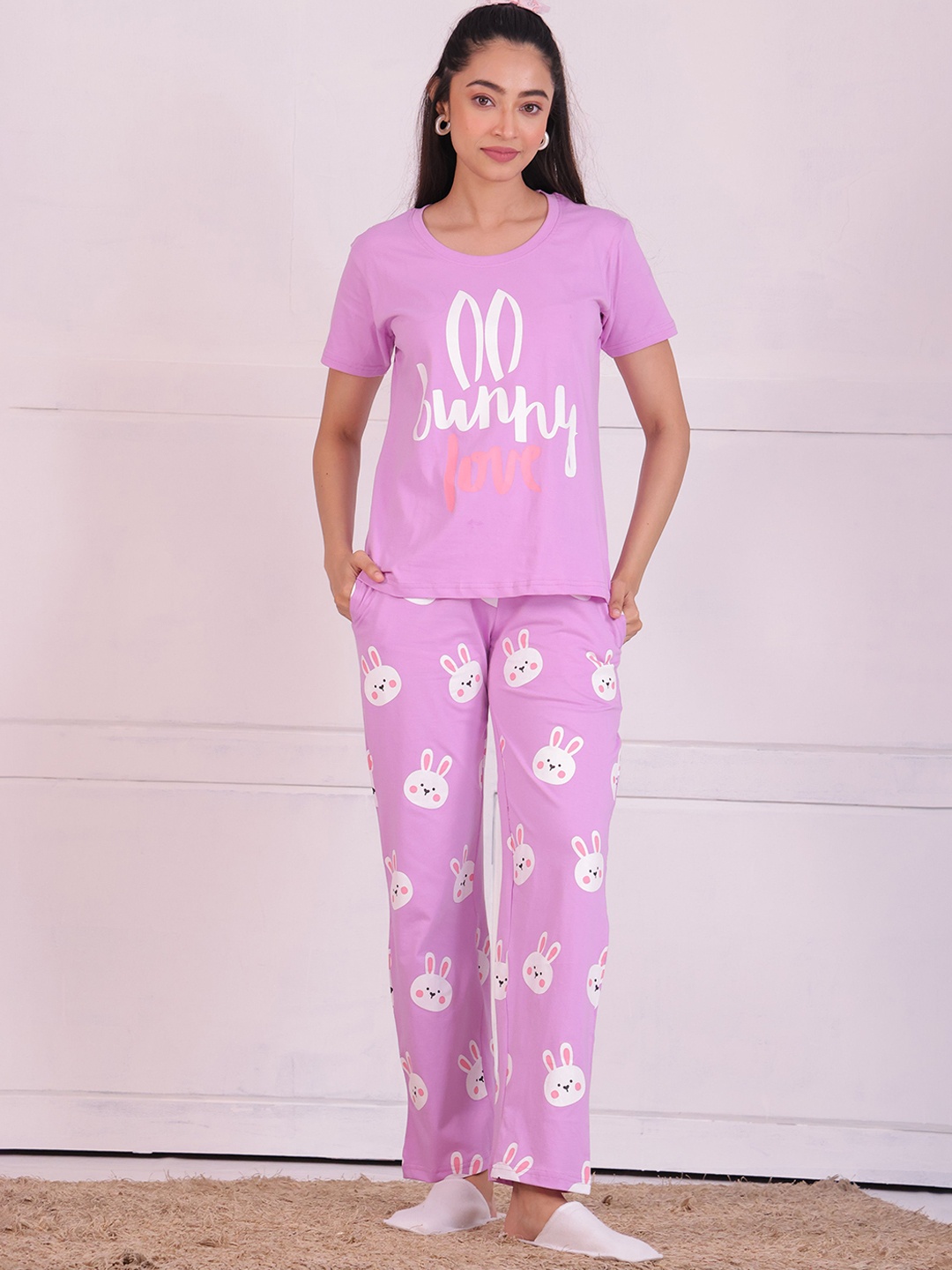 

NAP STORY Bunny Printed Half Sleeves T-Shirt and Pyjama Nightsuit Set, Purple