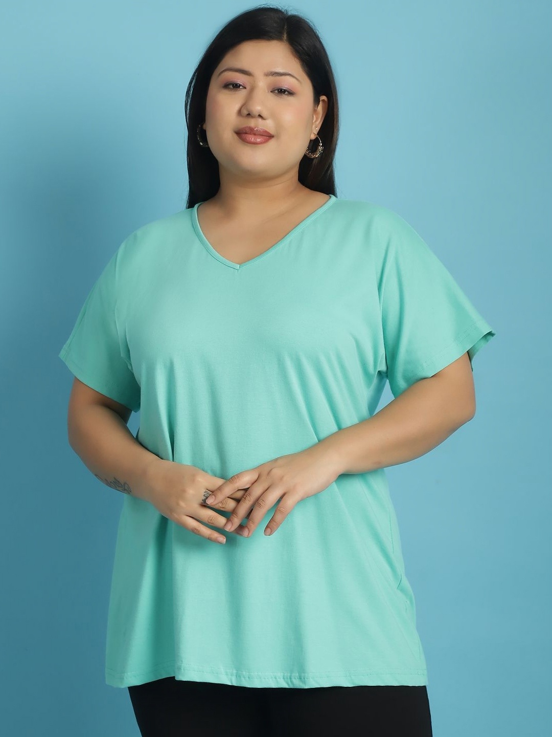 

theRebelinme Women V-Neck Kimono Sleeves T-shirt, Sea green