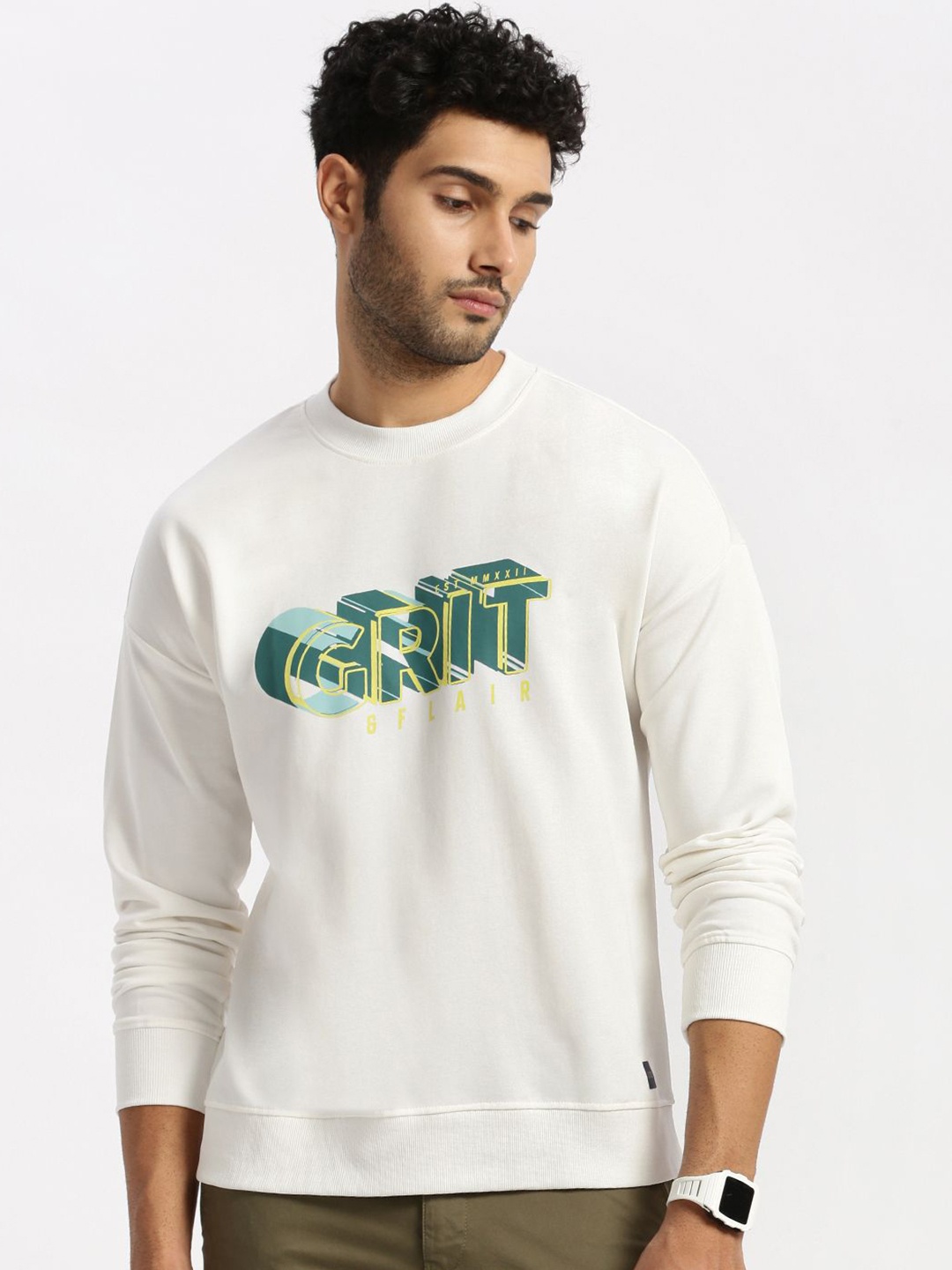 

Grit and Flair Men Printed Cotton Pullover Sweatshirt, Grey