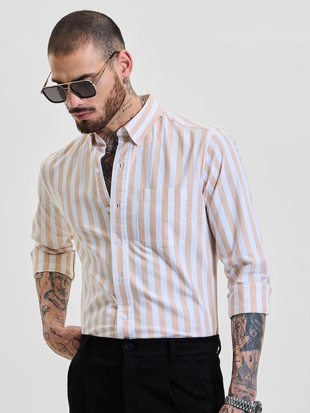 

Snitch Men Smart Slim Fit Opaque Striped Casual Shirt, Beige