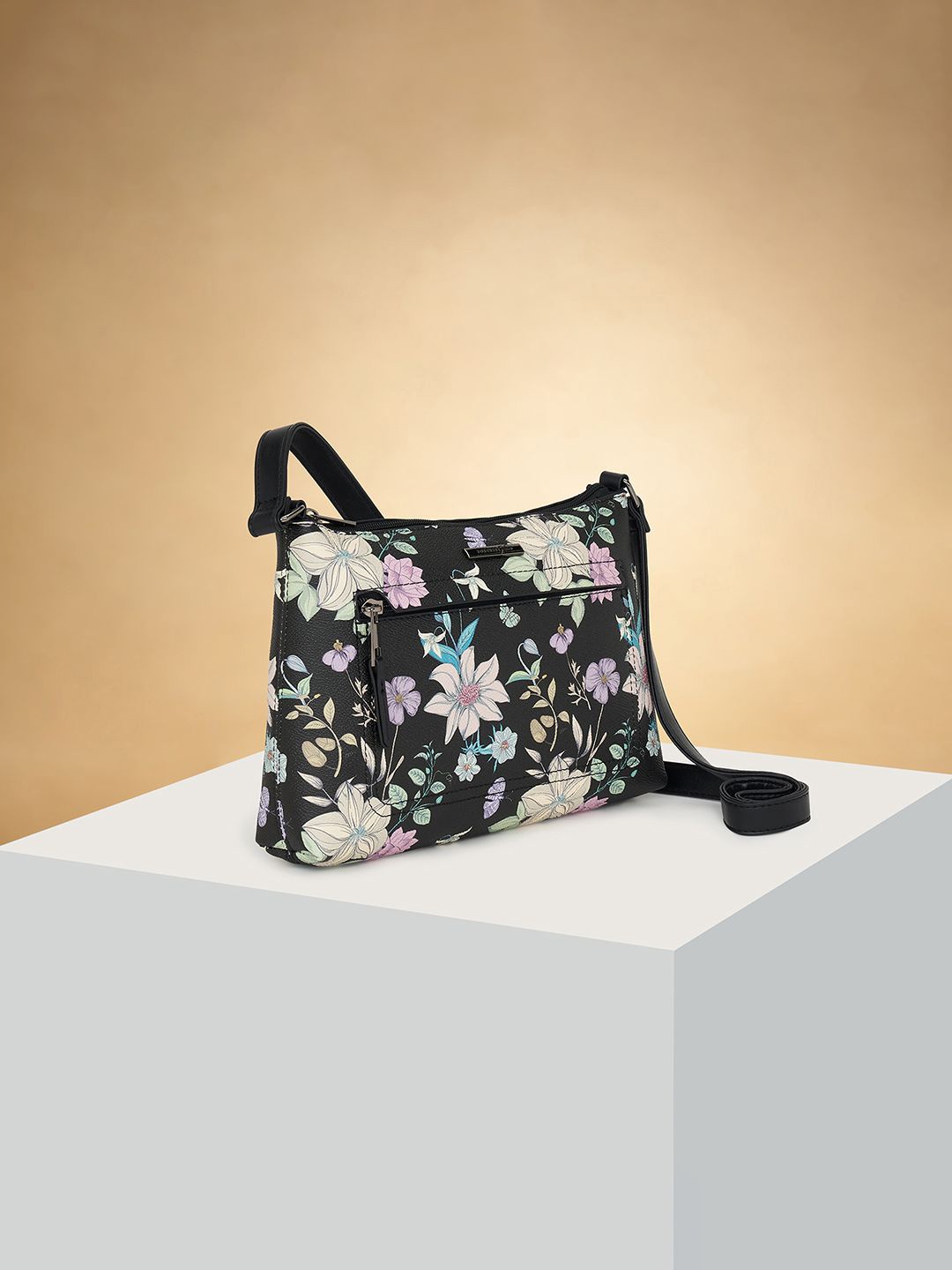 

Forever Glam by Pantaloons Floral Colourblocked PU Structured Sling Bag with Bow Detail, Black