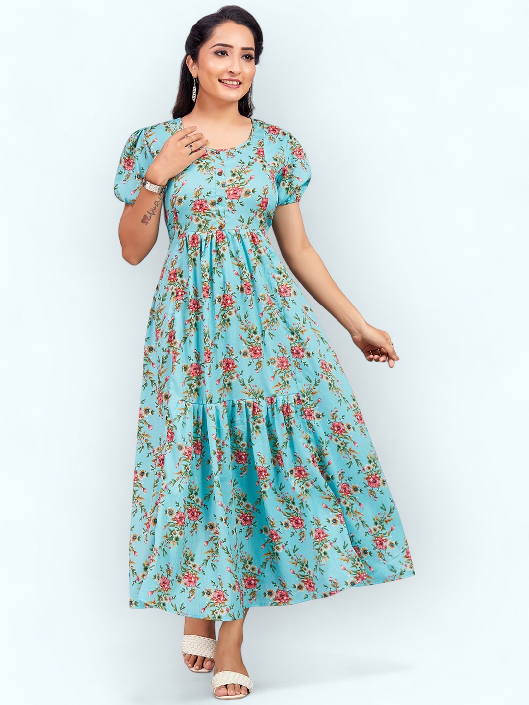 

PAMPER YOURSELF Floral Print Georgette Fit & Flare Maxi Dress, Blue
